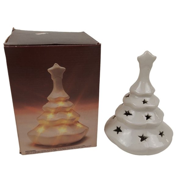 White Porcelain Christmas Tree Star Cut Out Tea Light Candle Votive Holder Decor - Picture 1 of 7